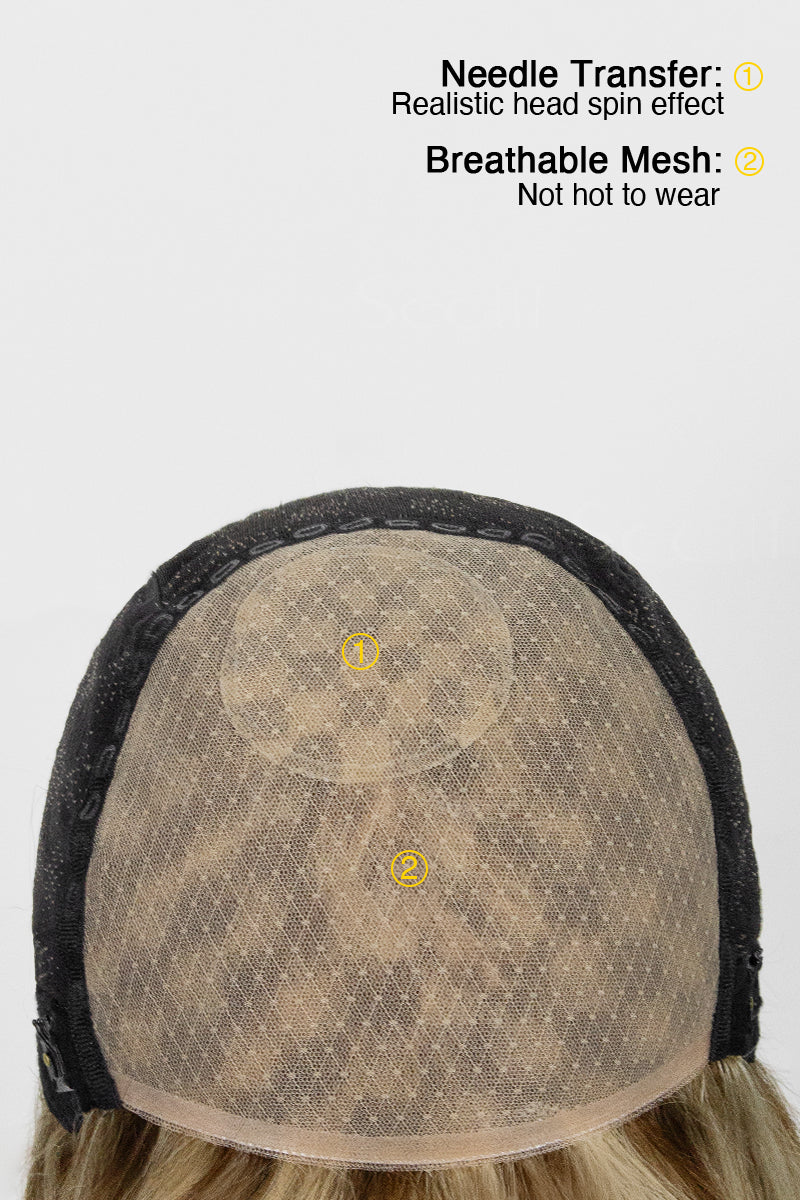Back view of a wig cap with mesh and hair strands, featuring text on benefits.