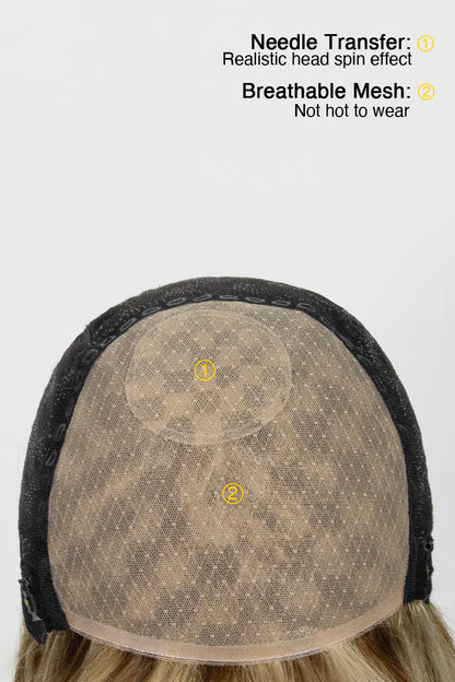 Back view of a wig cap with mesh and hair strands, featuring text on benefits.