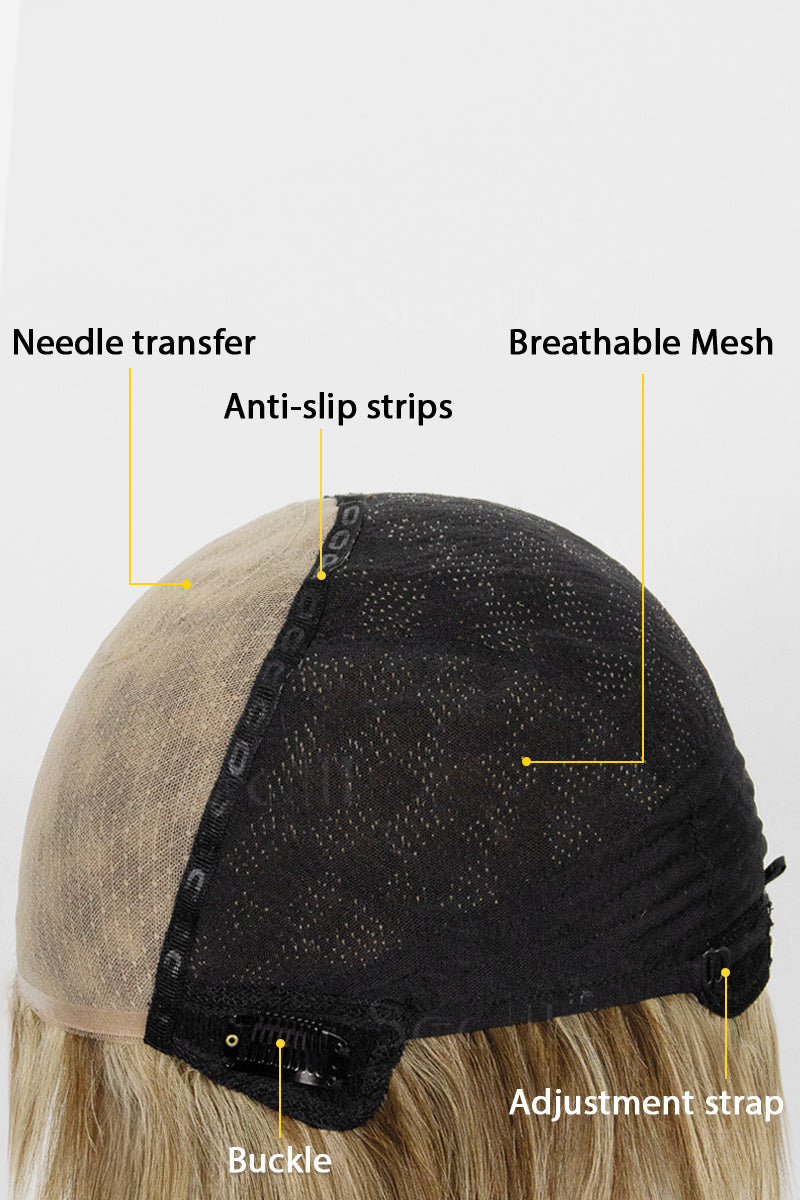 Wig cap with labeled features on a white background