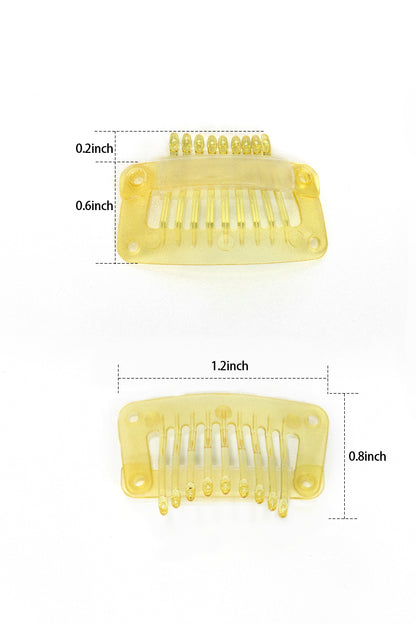 Yellow hair clips with measurements on a white background