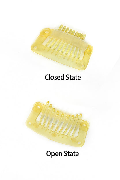 Yellow hair clip in closed and open states on a white background