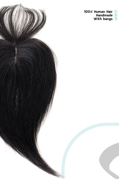 Mona-B Topper de cabelo humano feito à mão com franja natural preto 