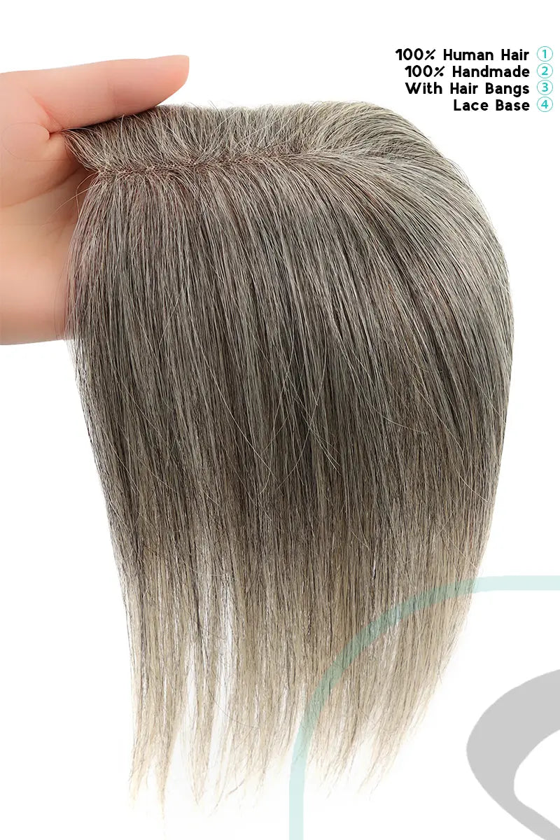 Topper de cabello humano Mona de color castaño claro y gris