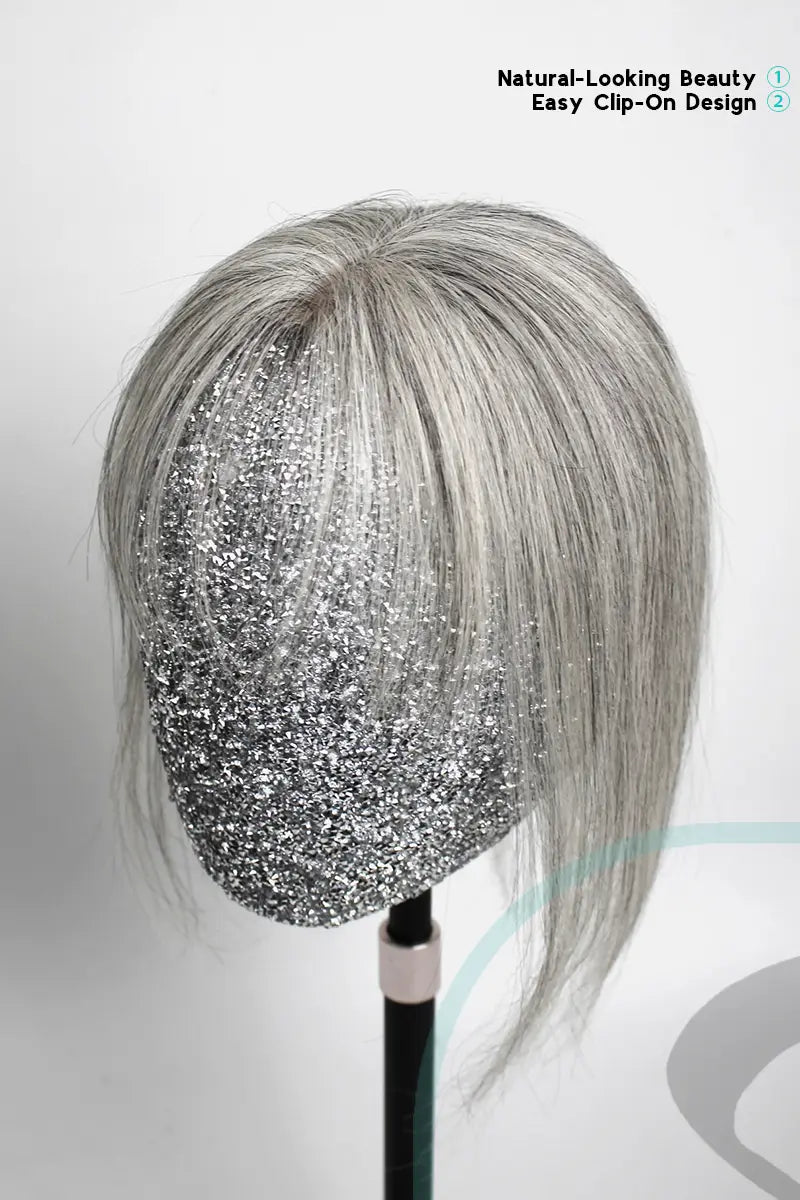 Flavia-B Silk Top Remy Human Hair Topper  Light Grey with Bangs