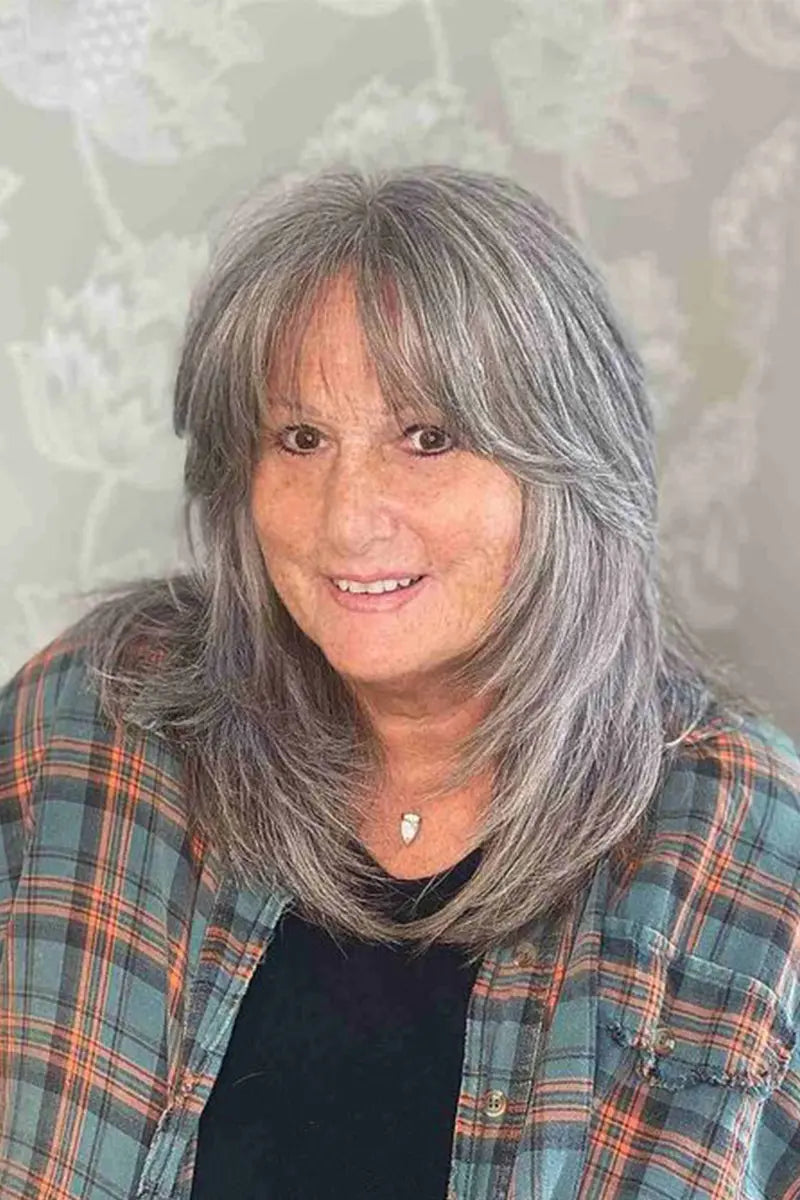 Postizo de cabello humano Remy con flequillo Flavia-B Silk Top, color marrón claro y gris