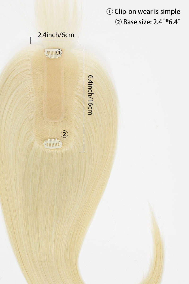 Hera Human Hair and Handmade Topper with Bangs with measurements and text on a white background