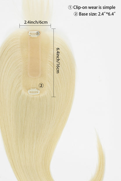 Hera Human Hair and Handmade Topper with Bangs with measurements and text on a white background