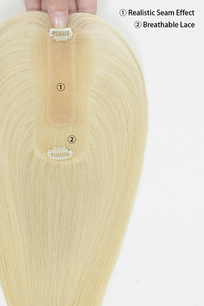 Hera Human Hair and Handmade Topper with Bangs with labeled features on a white background