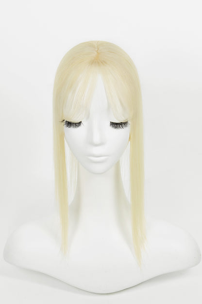 Hera Human Hair and Handmade Topper with Bangs on a mannequin head with a white background