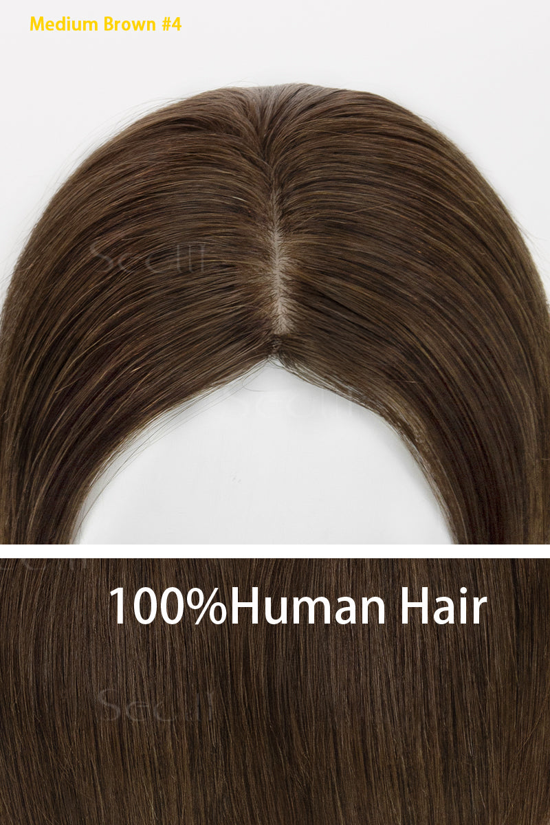 100% human hair product with medium brown color on a white background
