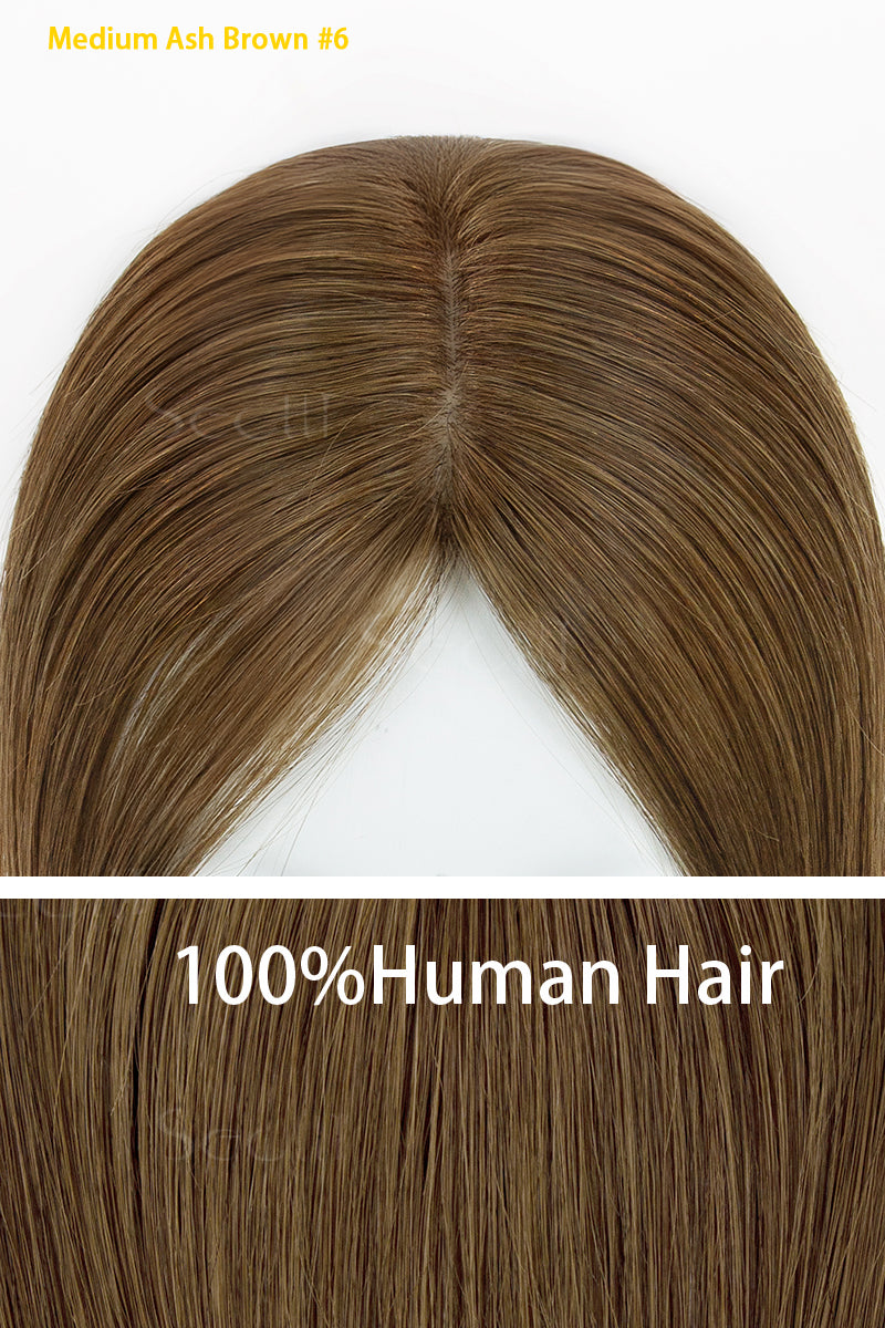 100% human hair with medium ash brown color on a white background
