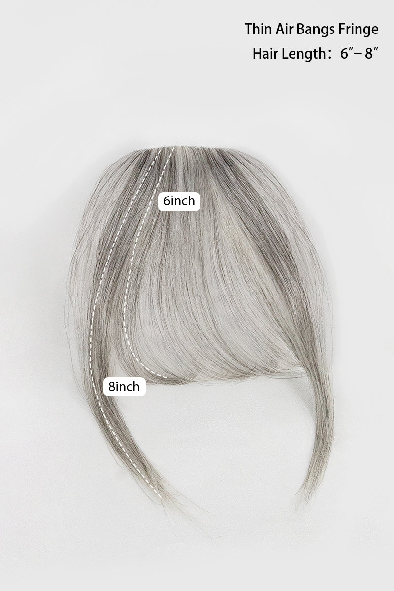 Gray thin air bangs fringe hair extension with labeled lengths on a white background