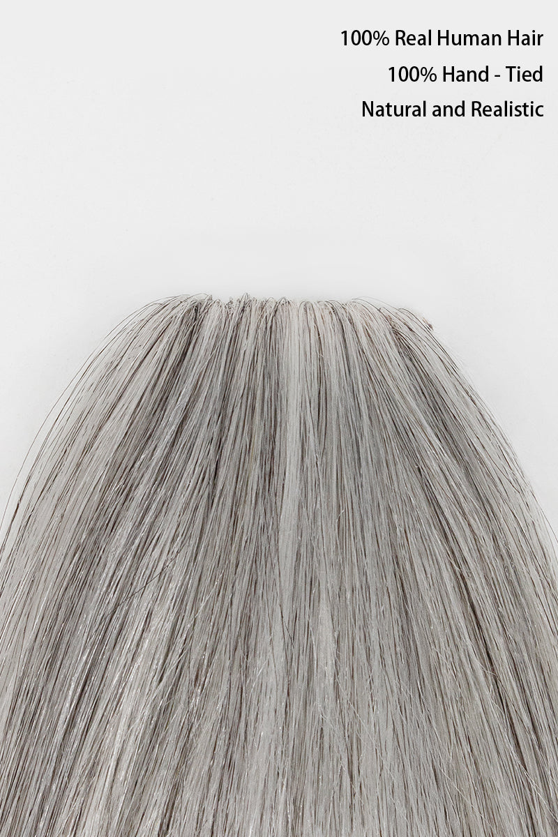 Gray hair extensions on a white background with text about hair quality.