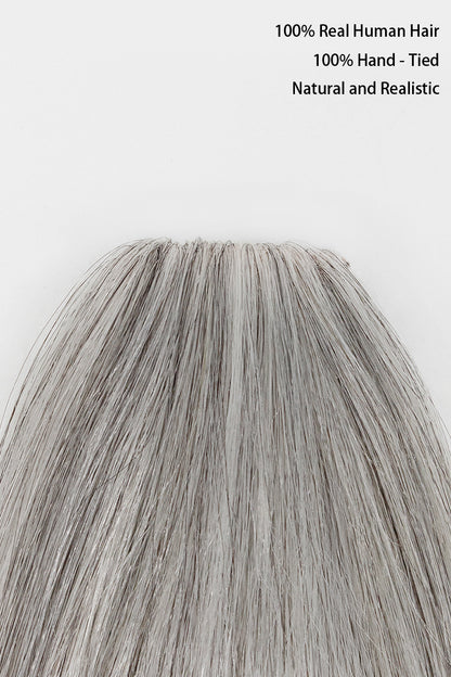 Gray hair extensions on a white background with text about hair quality.