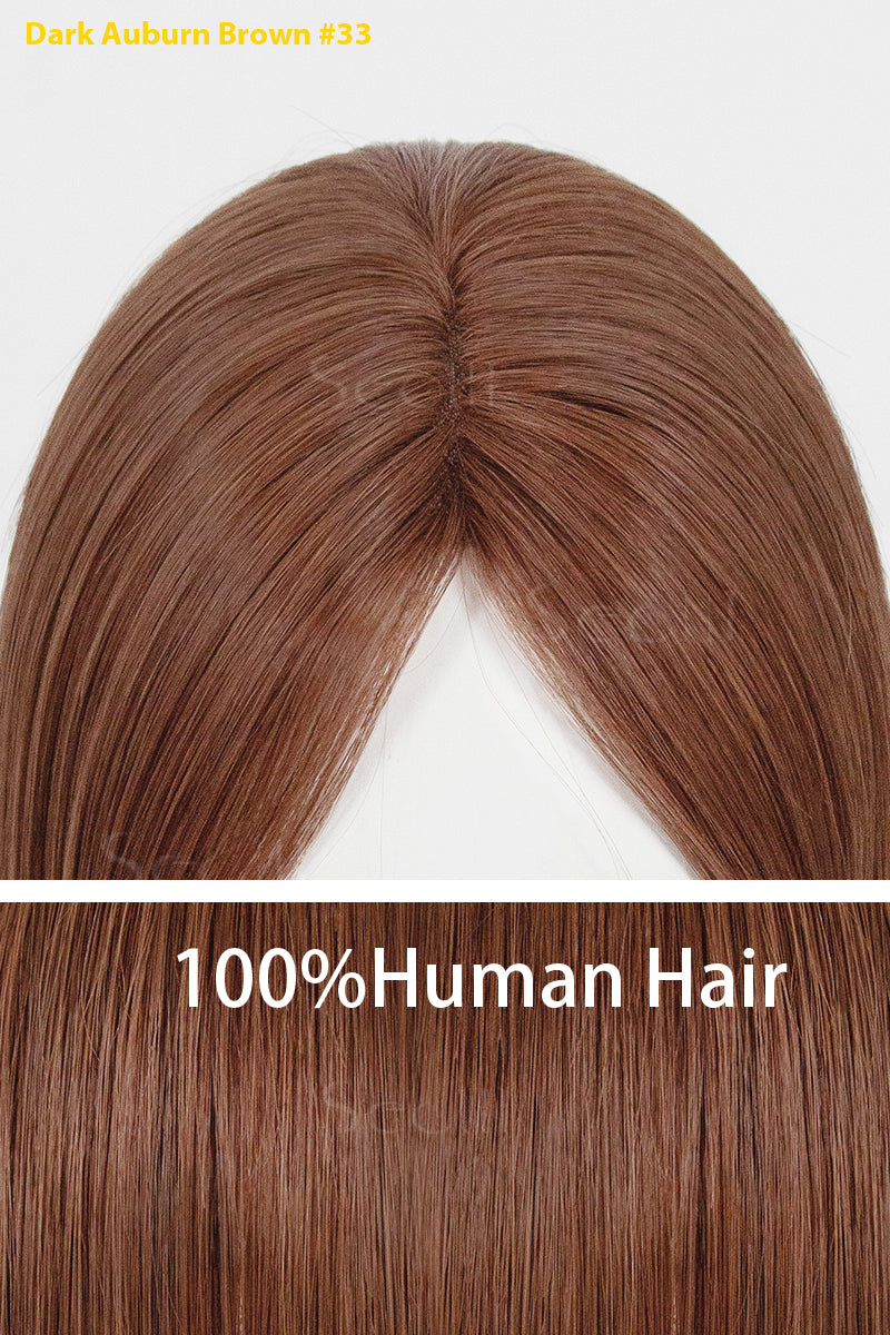 Dark Auburn Brown hairpiece labeled as 100% human hair on a white background.