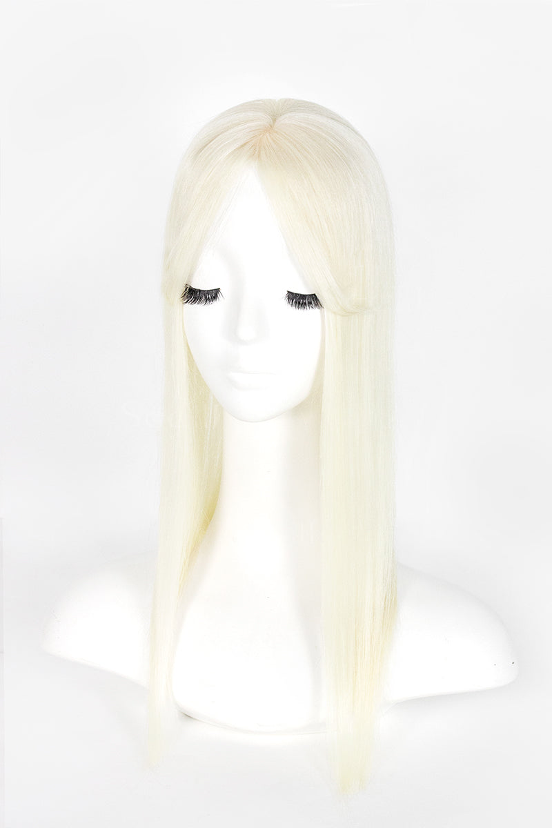 A long, straight platinum blonde wig with bangs displayed on a white mannequin head against a plain white background.