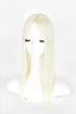 A long, straight platinum blonde wig with bangs displayed on a white mannequin head against a plain white background.