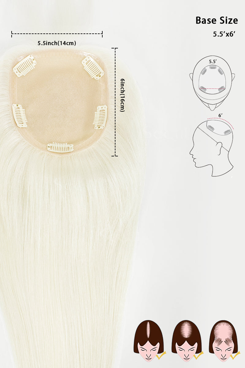 A long straight hair extension piece with a beige adhesive base, shown with dimension markings, line drawings of head placement, and three small hair-partition diagrams on a plain light background.