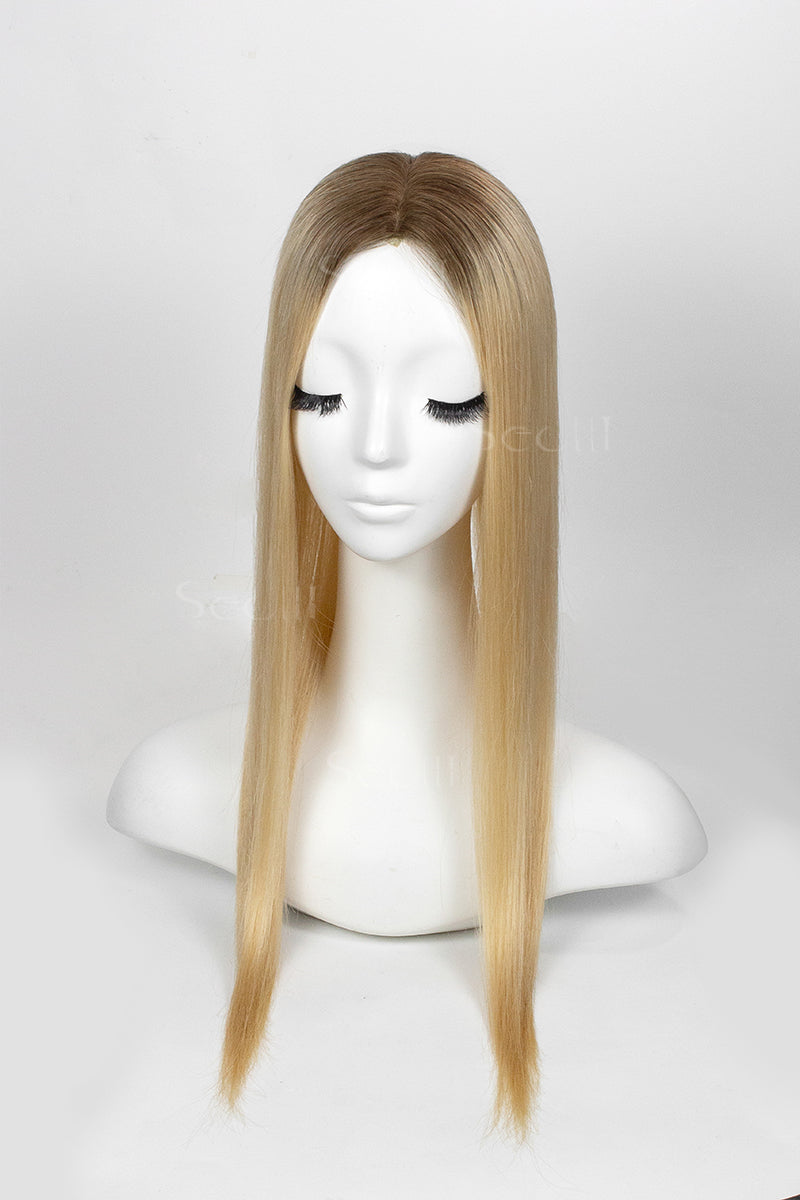 Metis Human Hair Toppers Crown Topper Hair Extensions Medium Ash Brown Root with Dark Blonde 