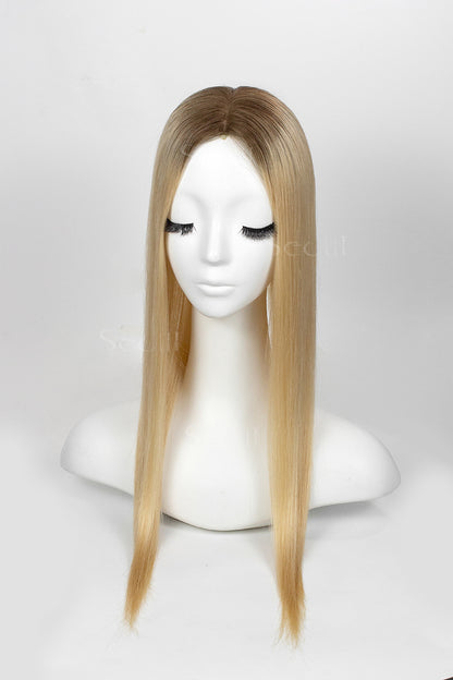 Metis Human Hair Toppers Crown Topper Hair Extensions Medium Ash Brown Root with Dark Blonde 