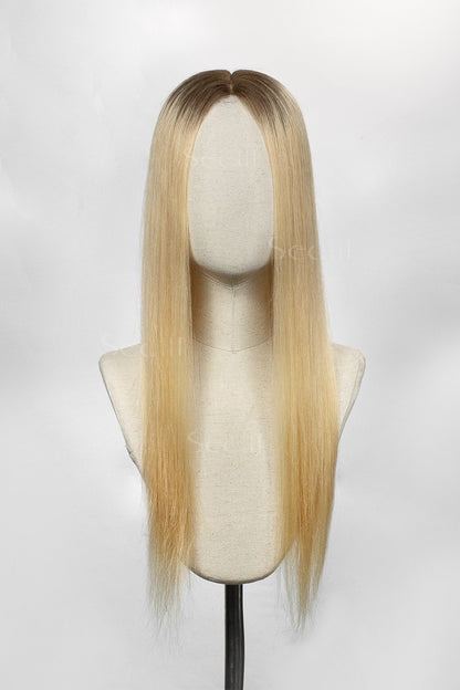 Metis Human Hair Toppers Crown Topper Hair Extensions Medium Ash Brown Root with Dark Blonde 