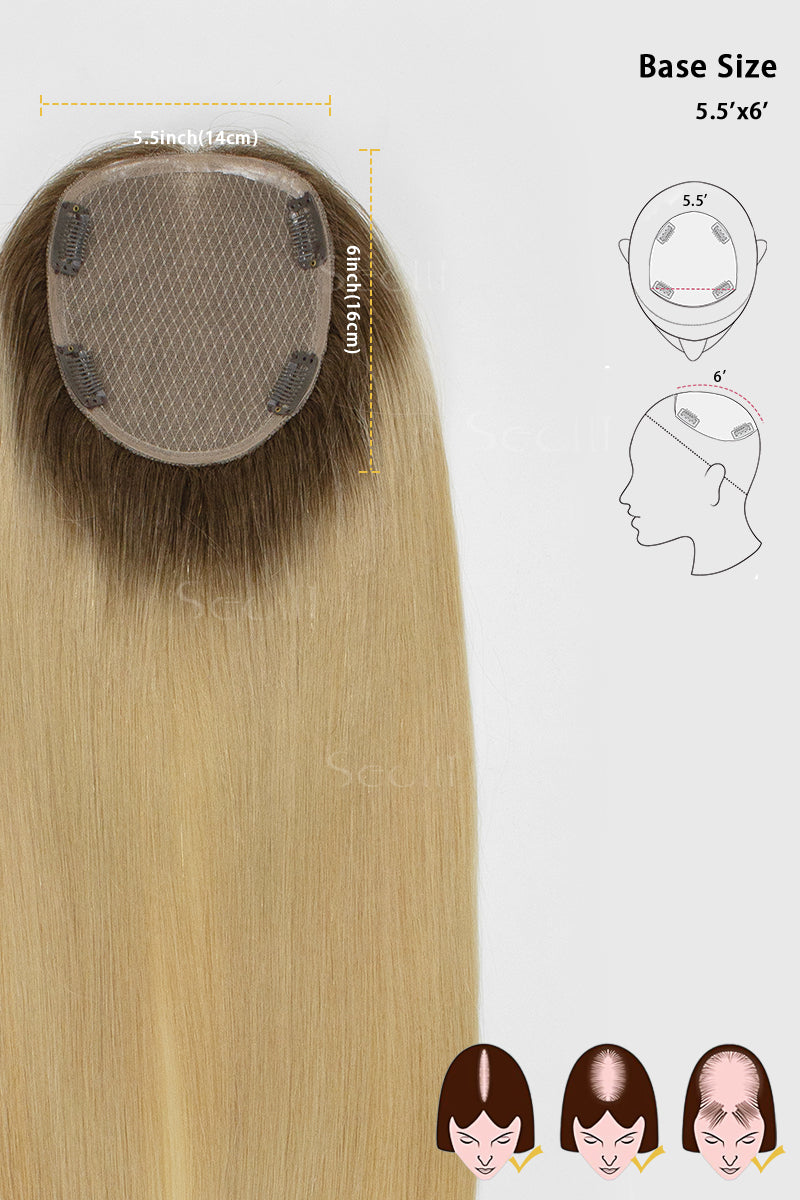 Metis Human Hair Toppers Crown Topper Hair Extensions Medium Ash Brown Root with Dark Blonde 