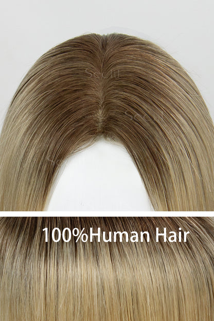 Metis Human Hair Toppers Crown Topper Hair Extensions Medium Ash Brown Root with Dark Blonde 