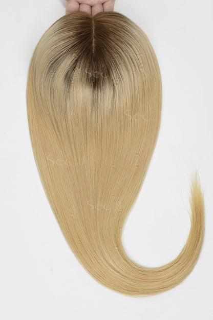 Metis Human Hair Toppers Crown Topper Hair Extensions Medium Ash Brown Root with Dark Blonde 