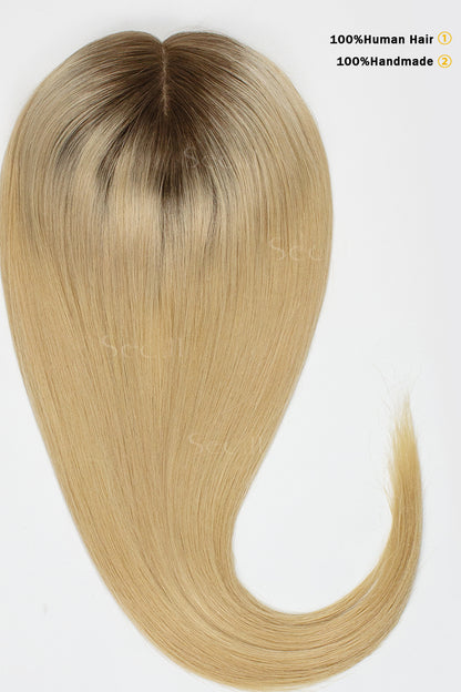 Metis Human Hair Toppers Crown Topper Hair Extensions Medium Ash Brown Root with Dark Blonde 