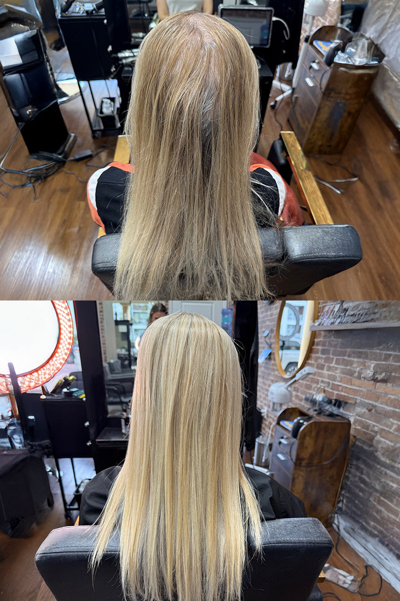 Two views of a person with straight, blonde hair in a salon setting.