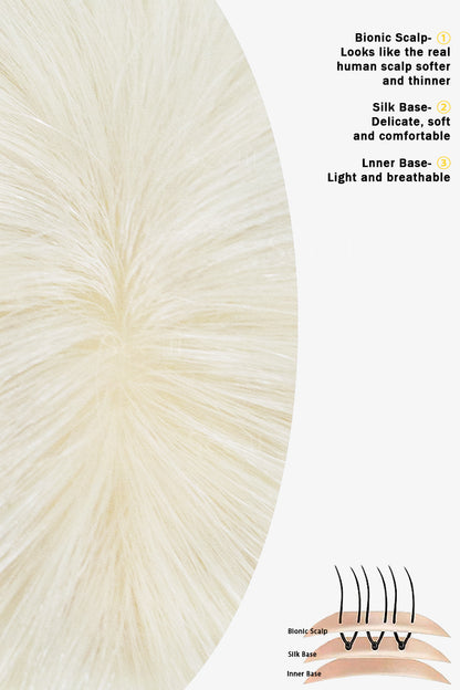 A close-up of a white bionic scalp hair texture on the left, with product feature text on the right and a small schematic diagram at the bottom illustrating hair attachment.