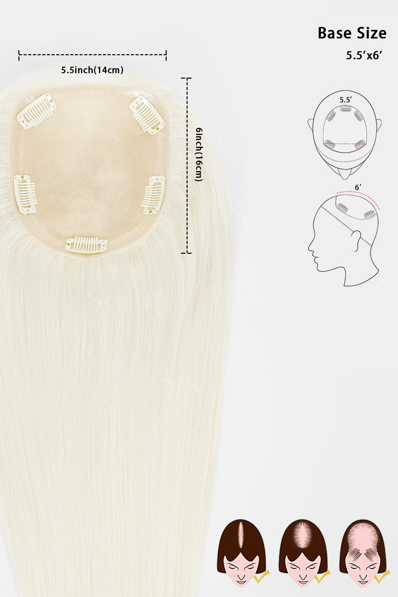 A light cream-colored hair extension piece with a beige attachment base and clip tabs, shown with dimension markings, base size diagrams, and three illustration examples of hair coverage on a white background.