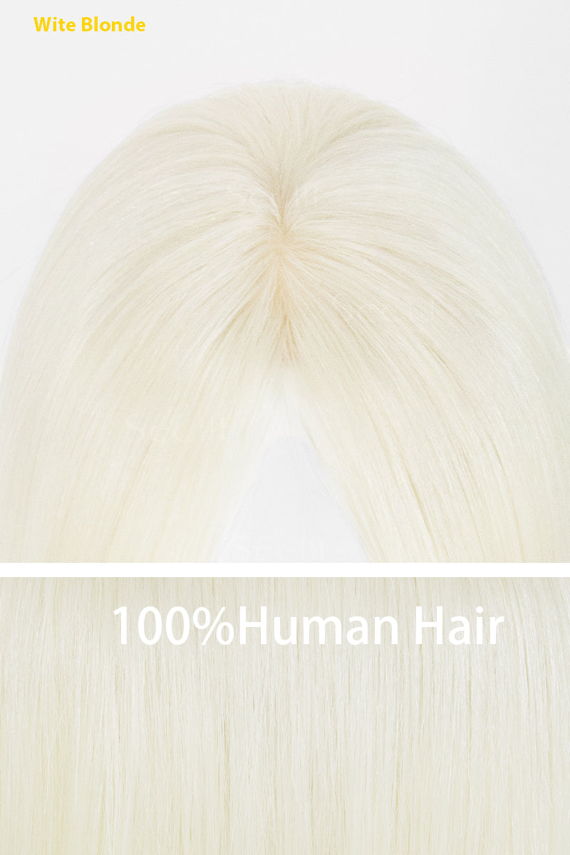 A close-up of a wavy blonde wig or hairpiece shown from above, with text reading &