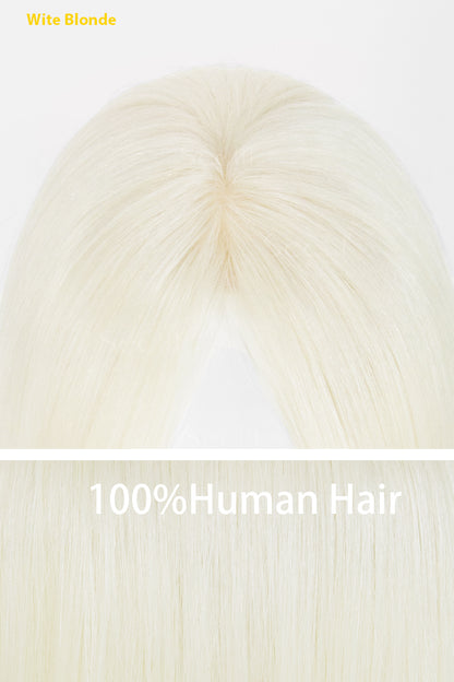 A close-up of a wavy blonde wig or hairpiece shown from above, with text reading &