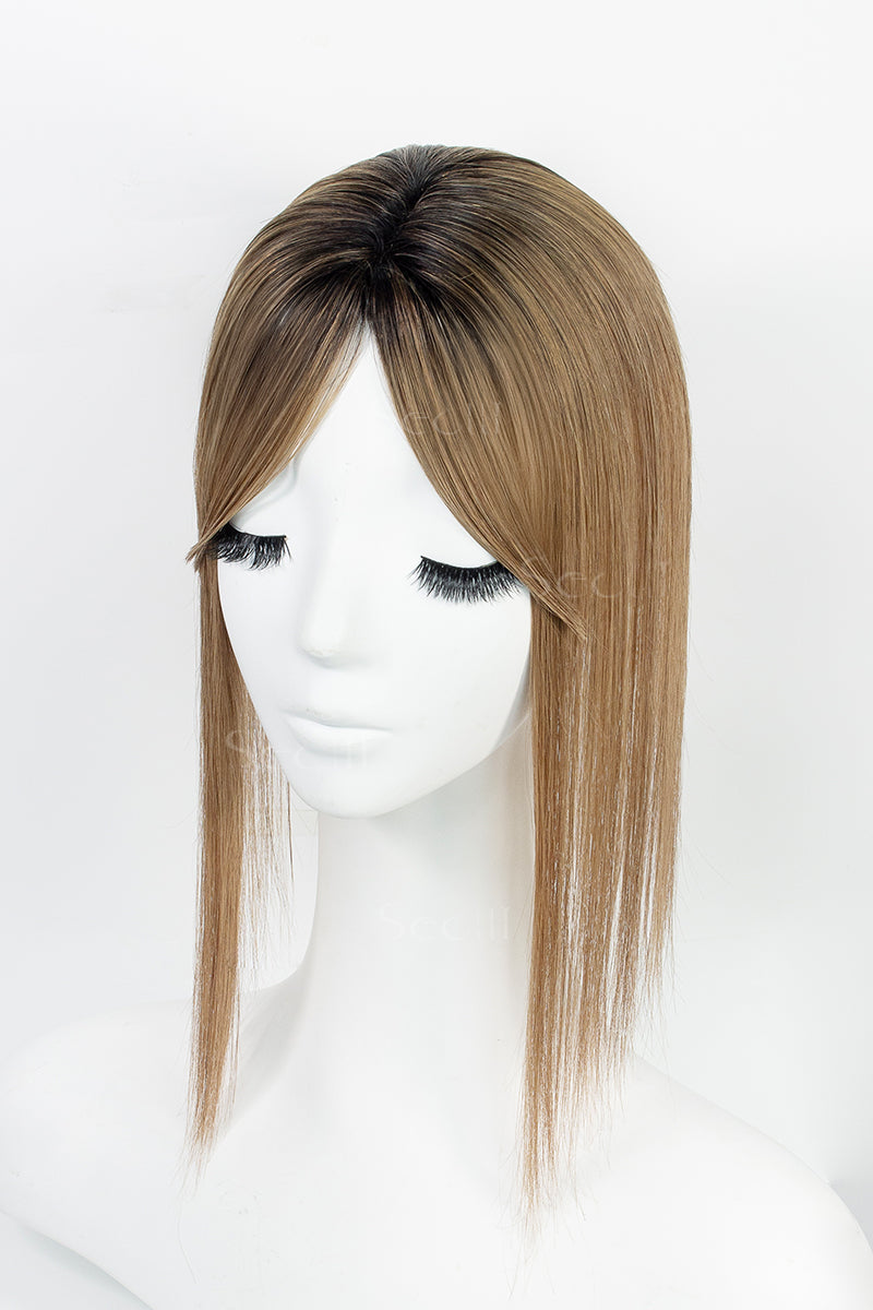 Mona-B Handmade Human Hair Topper with Bangs Natural Black Root with Medium Ash Brown 