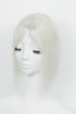 A silver grey white human hair topper with bangs displayed on a mannequin head.