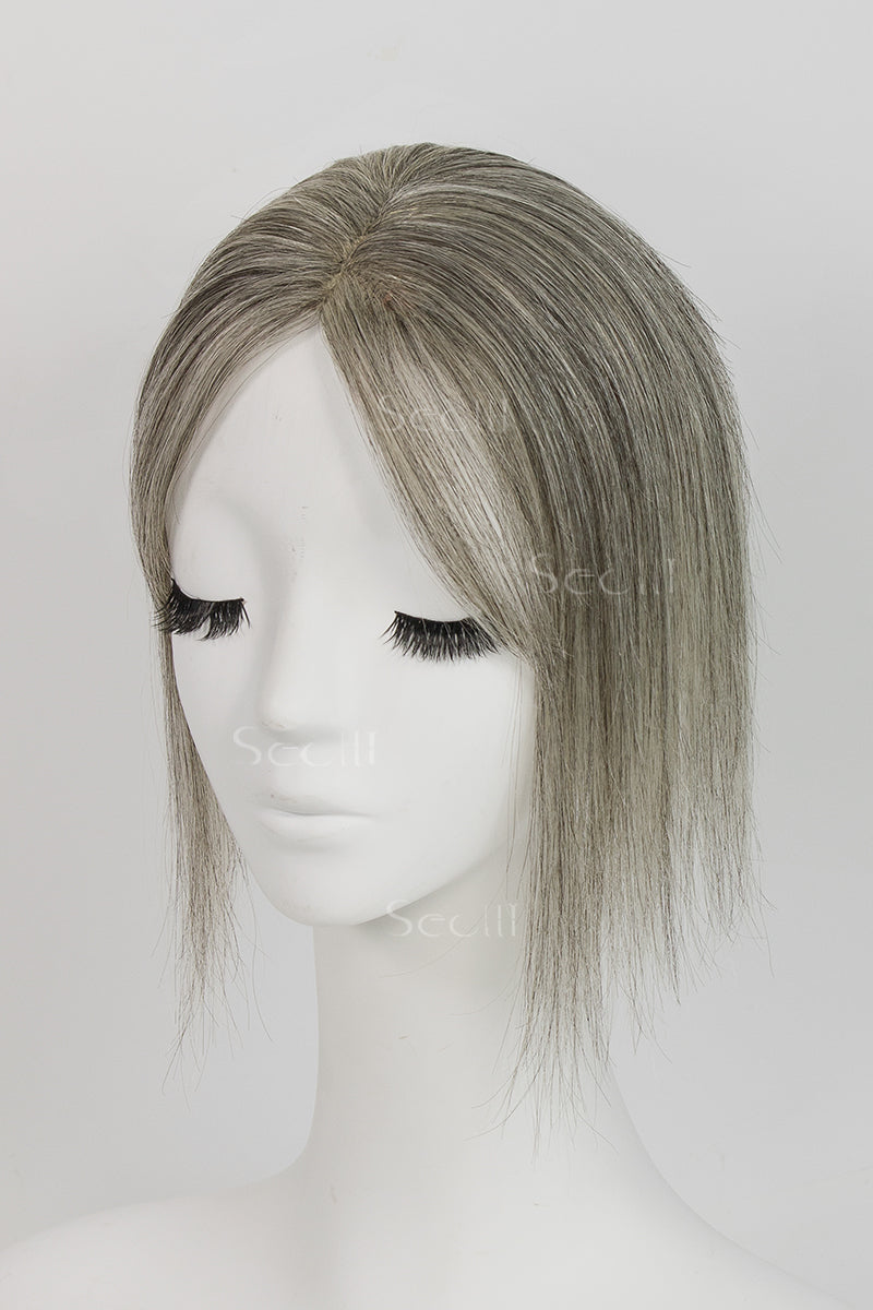 Mona-B Handmade Human Hair Topper with Bangs Light Brown Grey