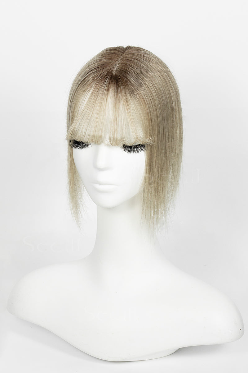 Mona-B Handmade Human Hair Topper with Bangs Ombre Dark Brown Root to Blonde 