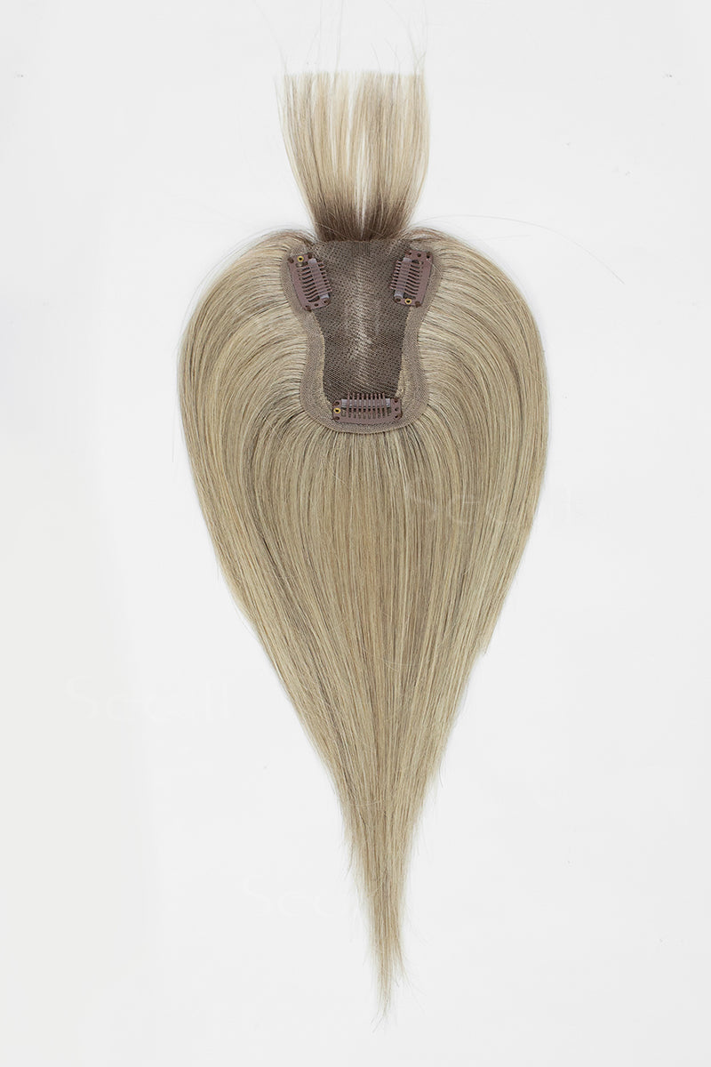 Mona-B hair topper with bangs wearing demonstration