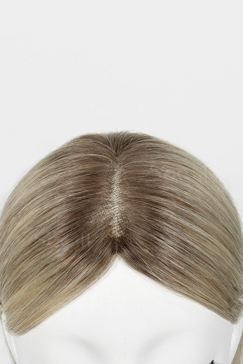 Mannequin head with Mona Handmade Human Hair Topper Ombre Dark Root to Blonde 
