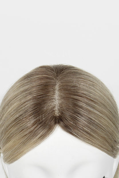 Mannequin head with Mona Handmade Human Hair Topper Ombre Dark Root to Blonde 