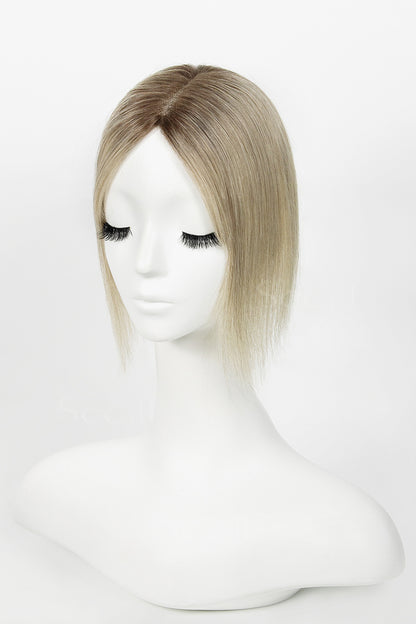 Mannequin head with a Mona Handmade Human Hair Topper Ombre Dark Root to Blonde 