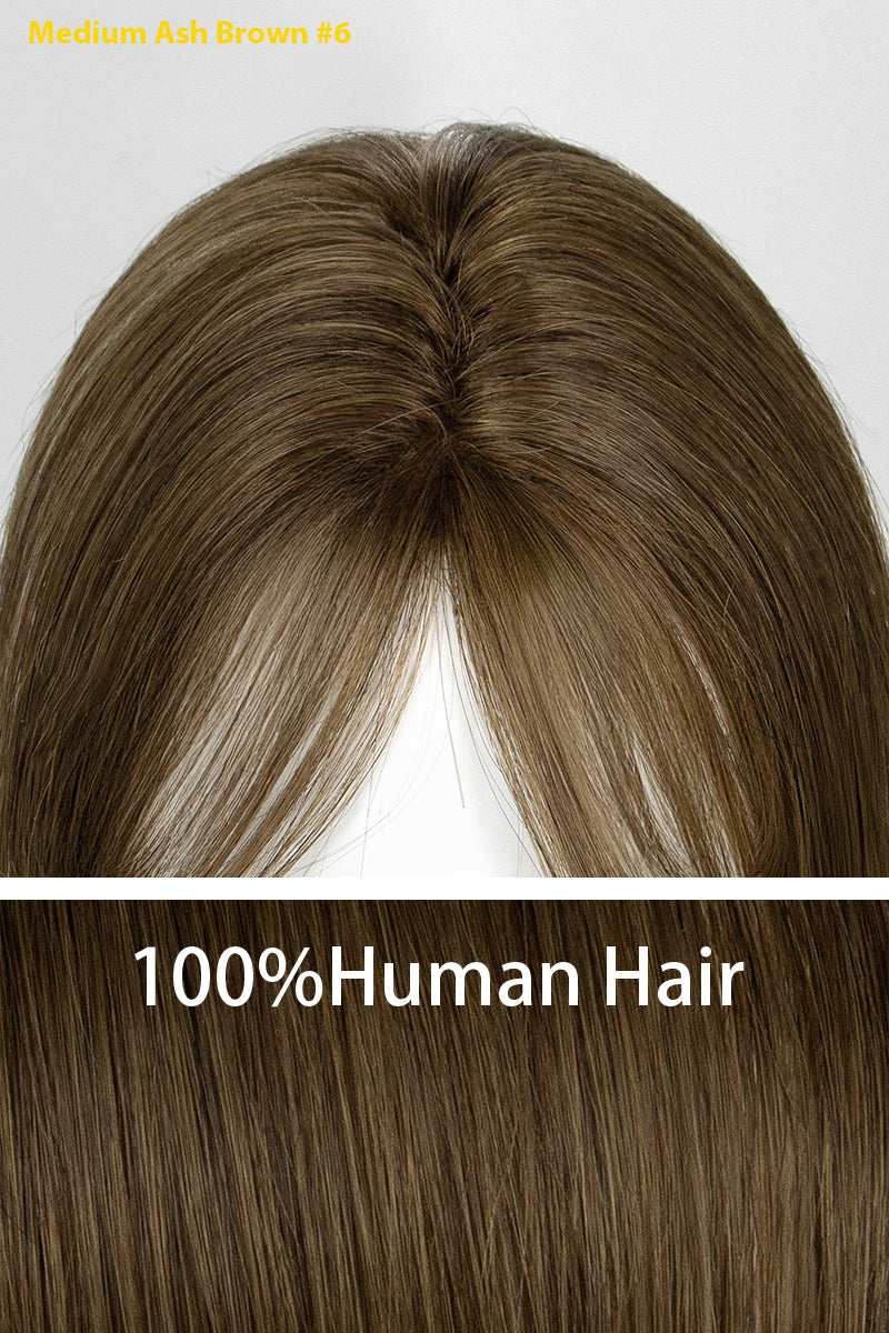 100% human hair topper with medium ash brown color on a white background