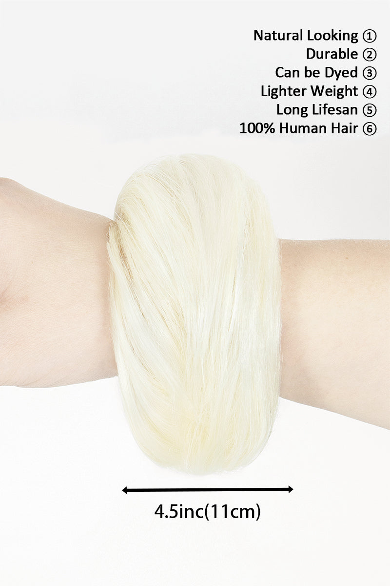 White blonde hair scrunchie wrapped around a wrist, with a 4.5-inch size guide and human hair features.