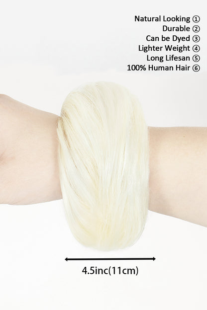 White blonde hair scrunchie wrapped around a wrist, with a 4.5-inch size guide and human hair features.
