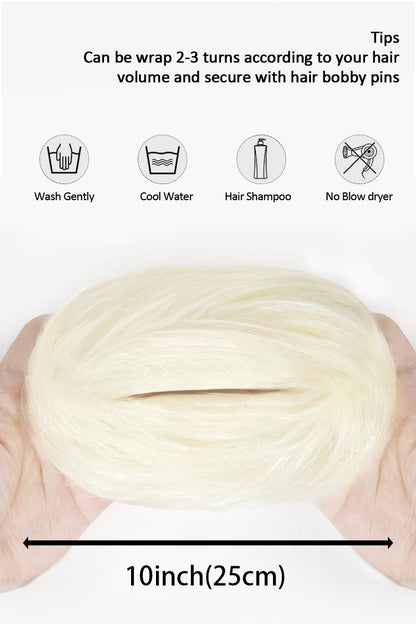 White blonde hair scrunchie stretched to 10 inches, with wrapping tips and gentle washing instructions.